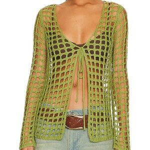 MORE TO COME Malya Tie Cardigan Hollow Out Lace Fishnet Beach Sage Green Size S